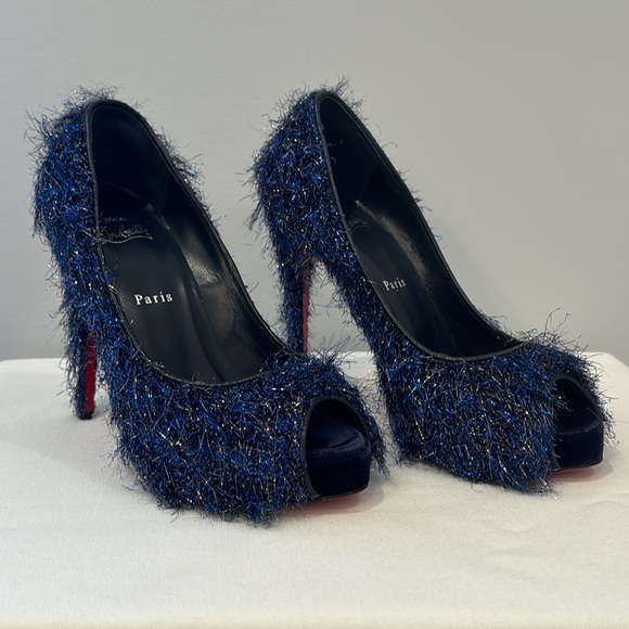 Christian Louboutin Very Prive 120 Peep Toe Heel size 39 Blue Metallic Tinsel - Picture 2 of 11